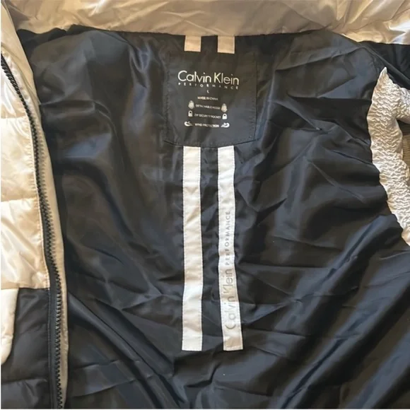 Calvin Klein Black and White Puffer Vest with Faux Fur Trim/Removable Hood - Picture 8 of 11